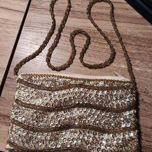 Vintage Walborg Gold Sequin Clutch / Shoulder Bag w/Beaded Strap from Macau